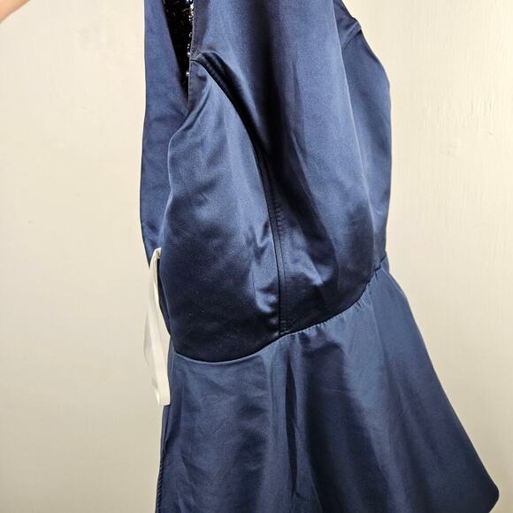 Navy Blue Halter Sleeveless Satin Beaded & Tulle Mini Dress M? Keyhole Back - Picture 9 of 9